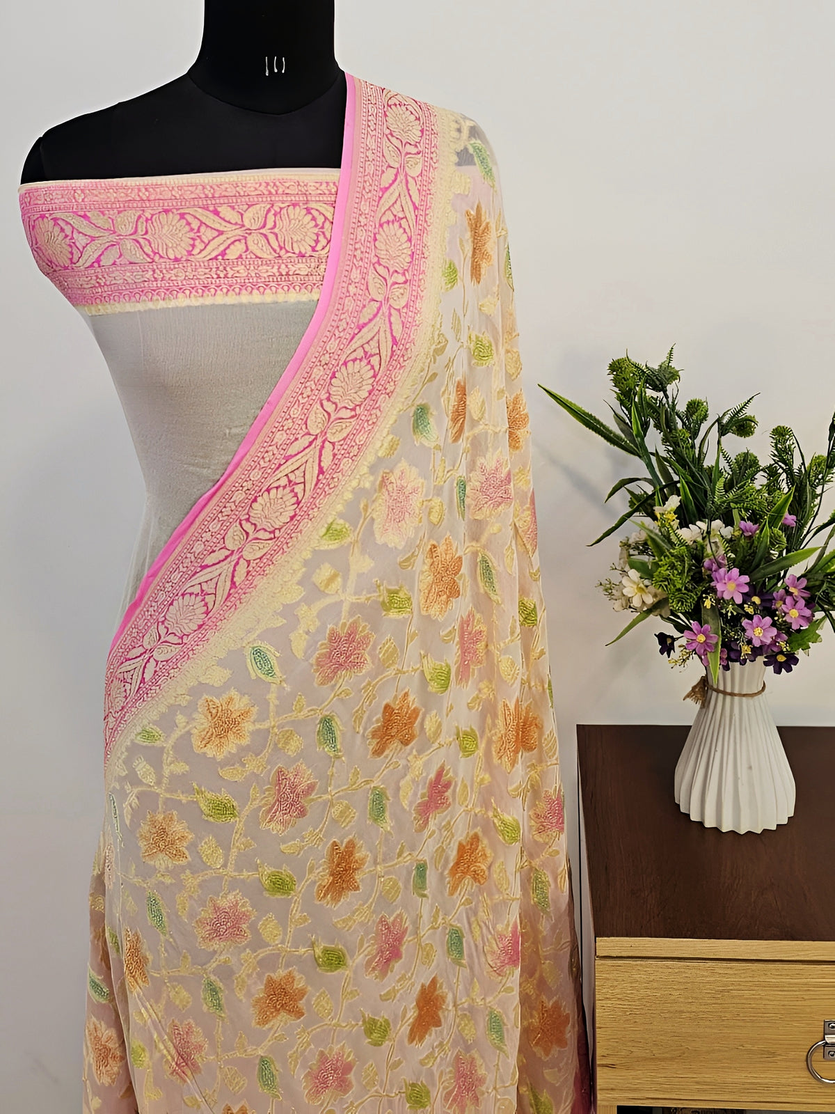 Off-White Pink Handwoven Water Zari Khaddi Chiffon Georgette Meenakari Saree