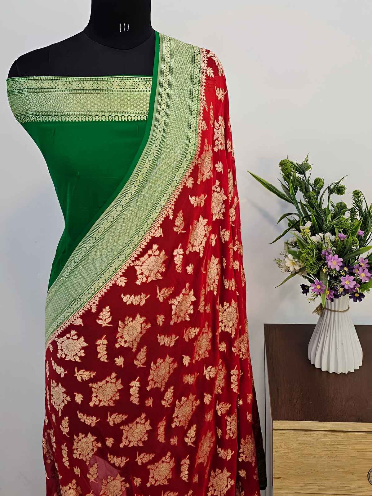 Bridal Red with Green Shade Handwoven Water Zari Khaddi Chiffon Georgette Banarasi