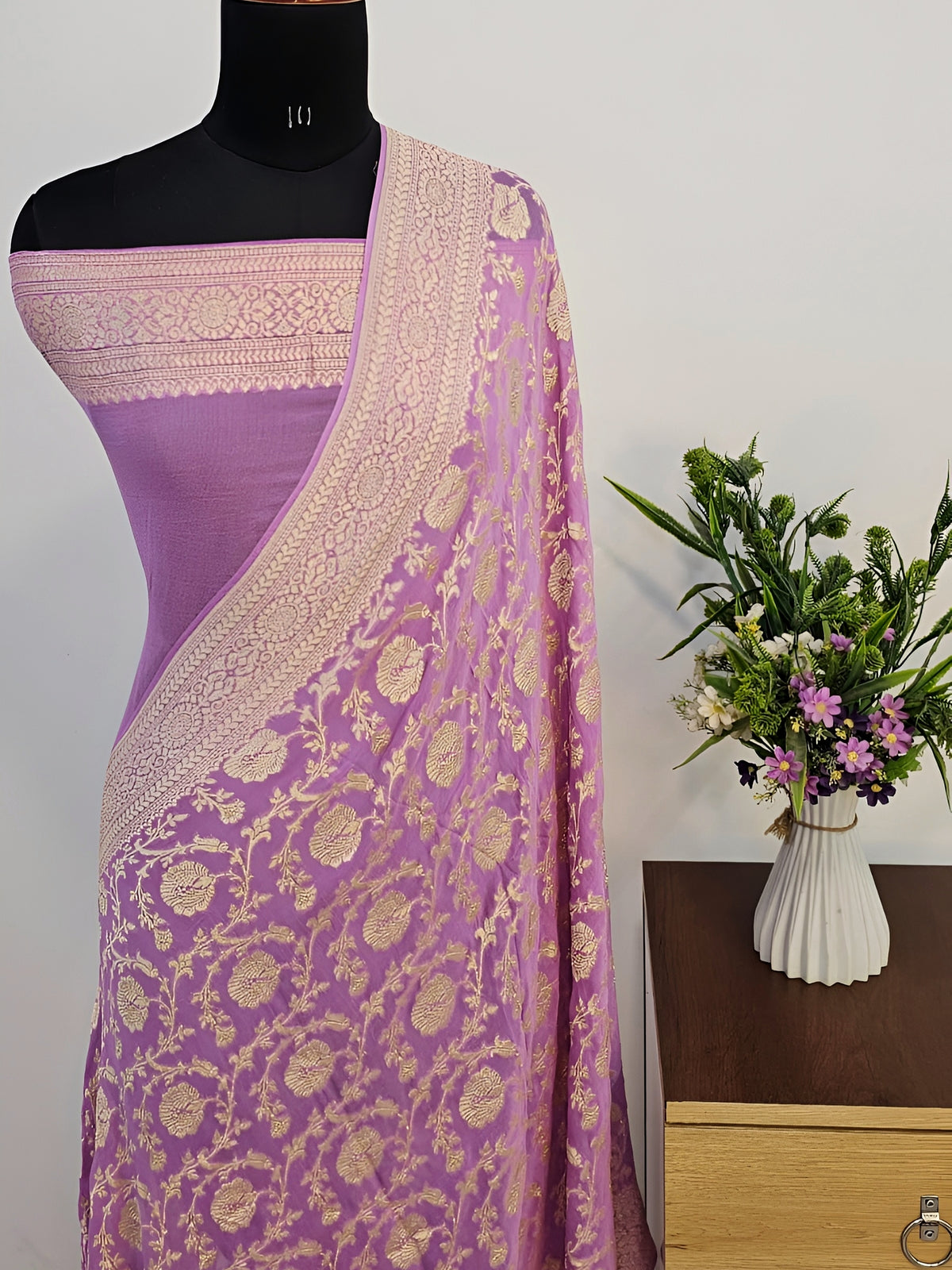 Lavender Shade Handwoven Water Zari Khaddi Chiffon Georgette Saree