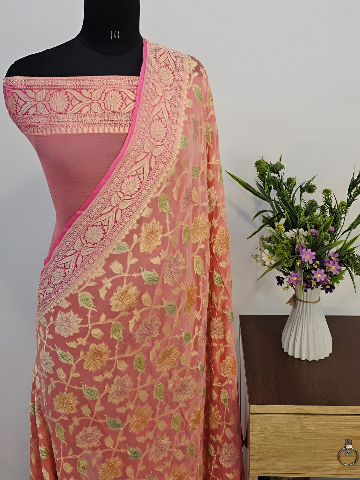 Peachy Pink Shade Handwoven Water Zari Khaddi Chiffon Georgette Meenakari Saree