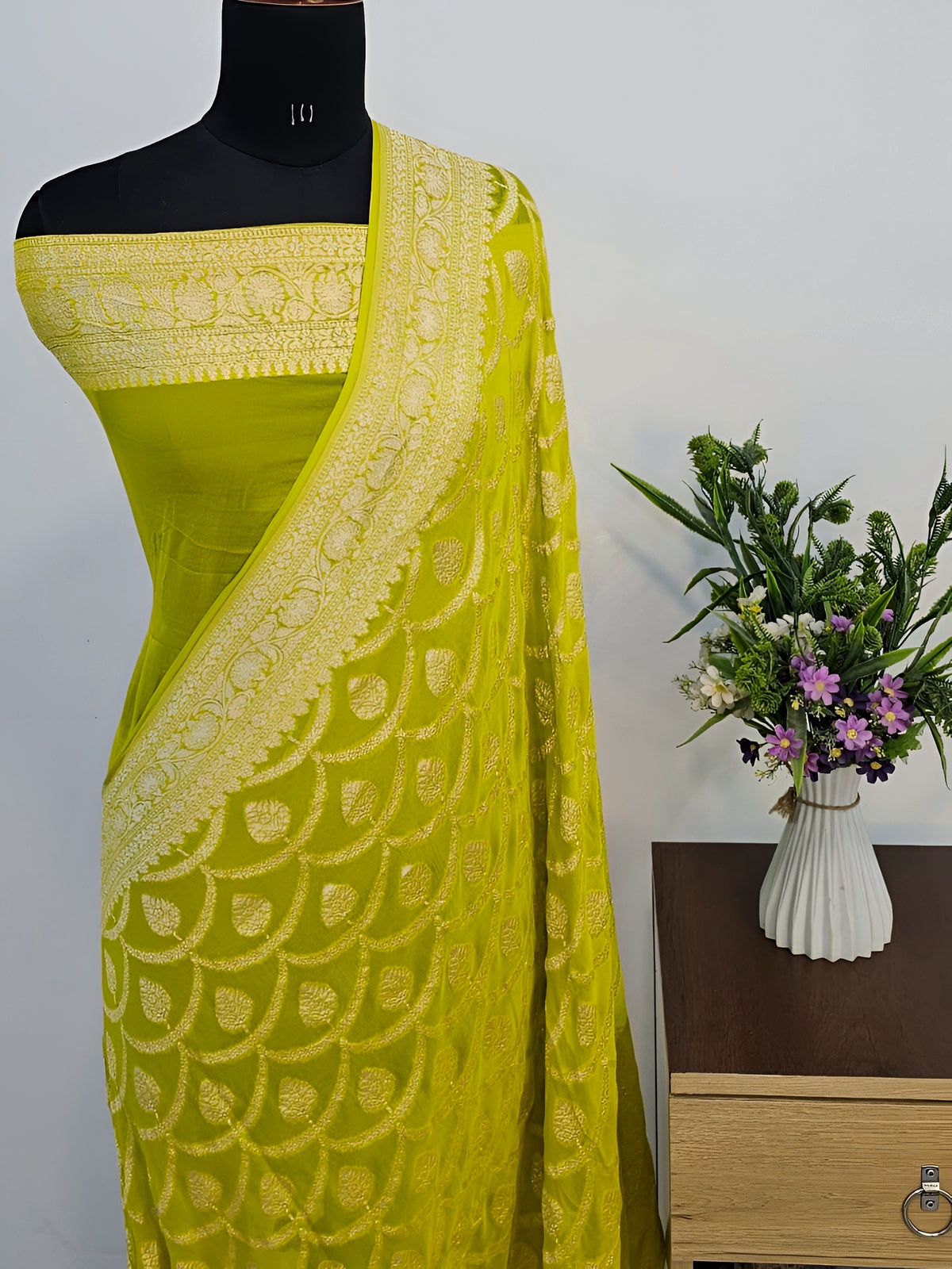 Lemon Yellow Shade Handwoven Water Zari Khaddi Chiffon Georgette Banarasi