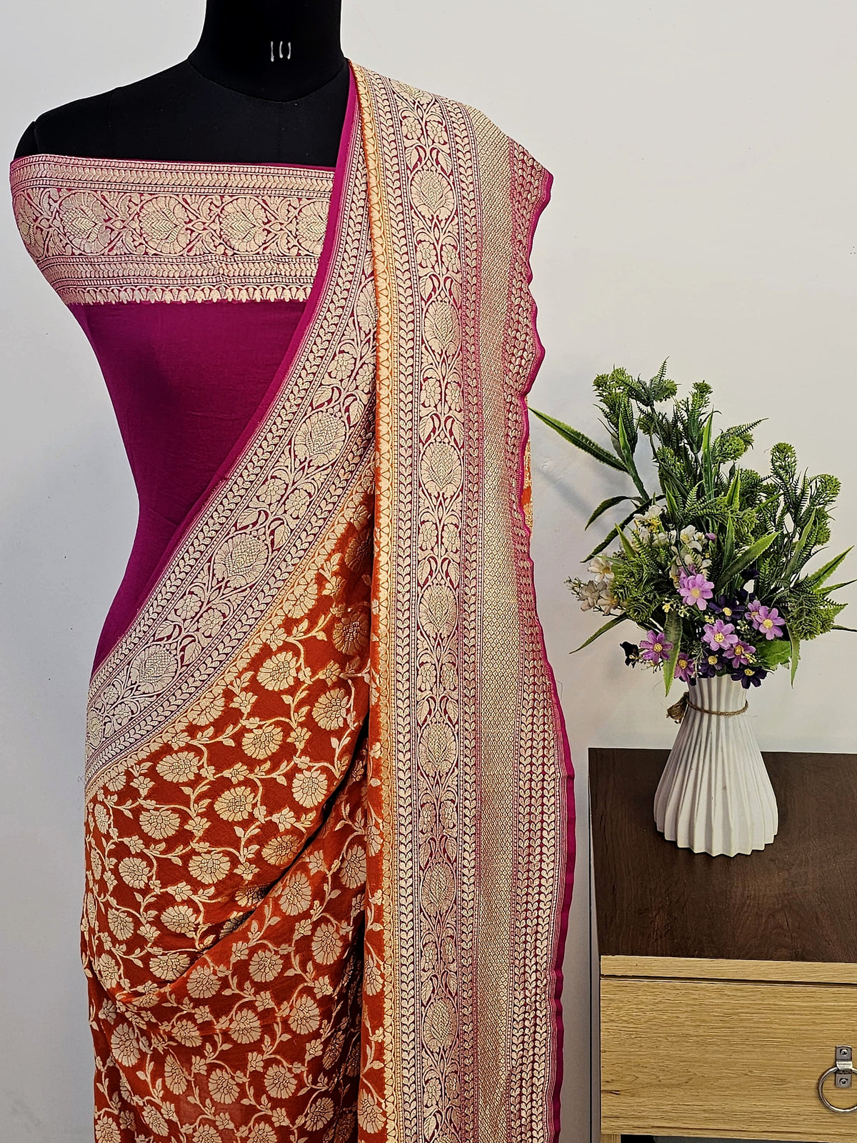 Cosmic Orange with Rani Pink Shade Handwoven Water Zari Khaddi Chiffon Georgette Saree