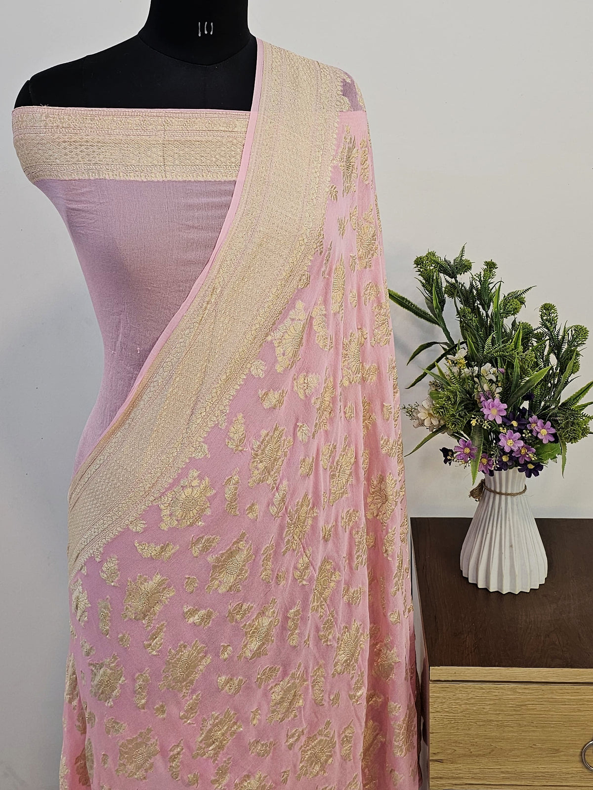 Baby Pink Shade Handwoven Water Zari Khaddi Chiffon Georgette Banarasi