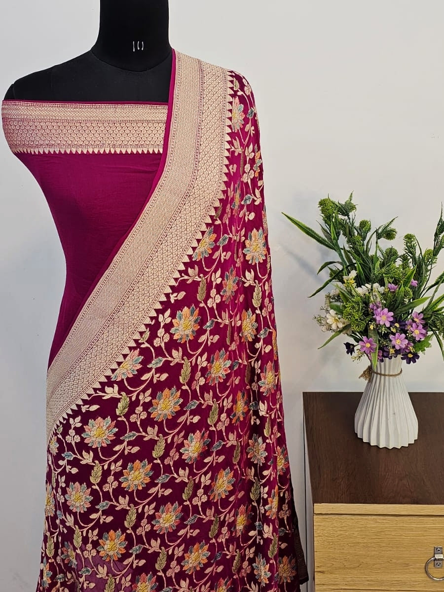 Crimson Red Shade Handwoven Water Zari Khaddi Chiffon Georgette Meenakari Banarasi