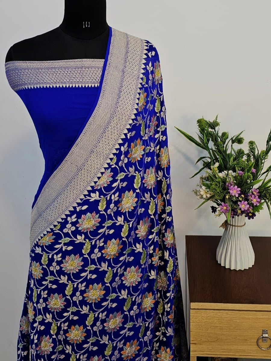 Royal Blue Shade Handwoven Water Zari Khaddi Chiffon Georgette Meenakari Saree