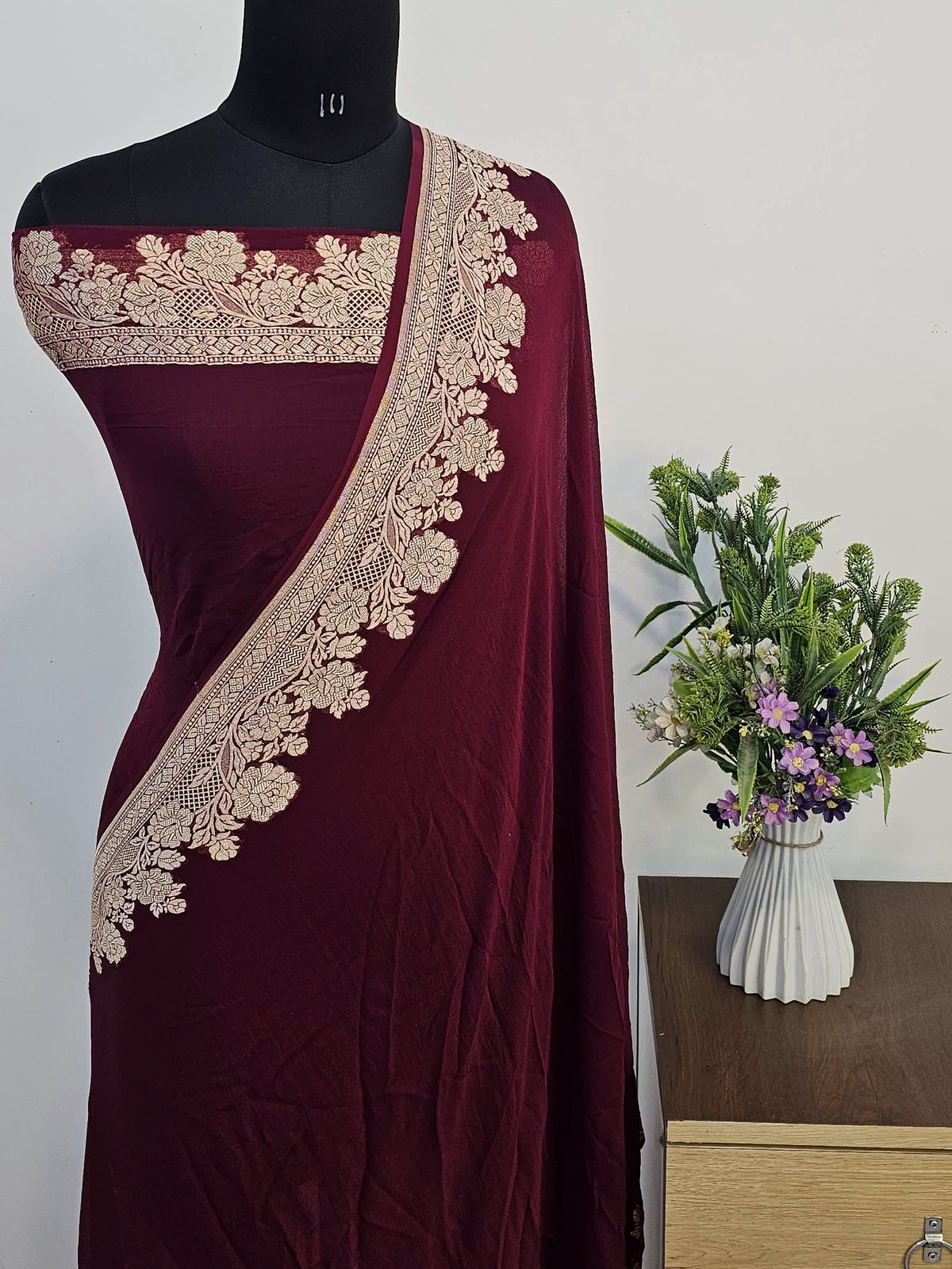 Wine Purple Shade Handwoven Water Zari Khaddi Chiffon Georgette Banarasi