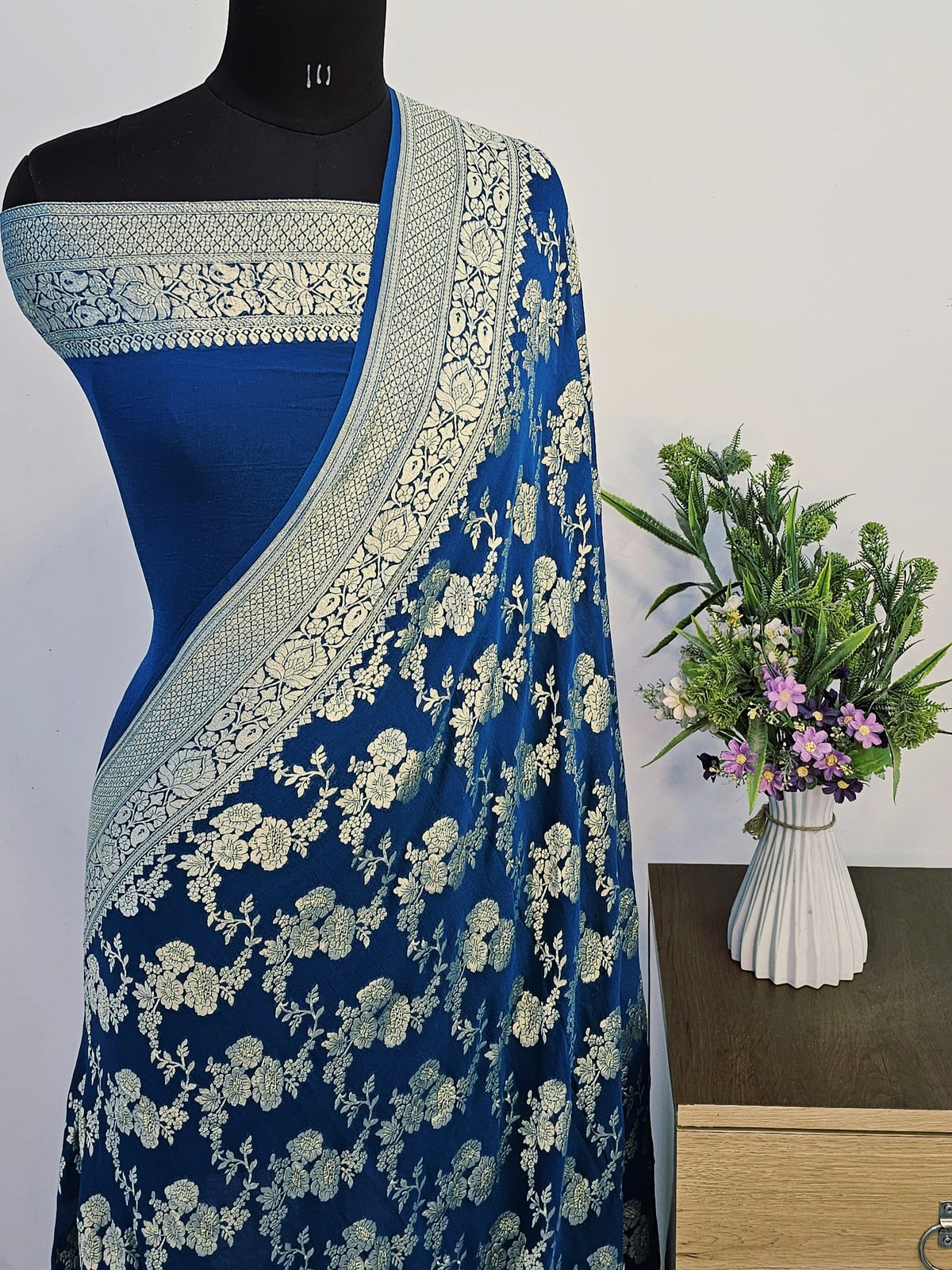 Cobalt Blue Shade Handwoven Water Zari Khaddi Chiffon Georgette Banarasi
