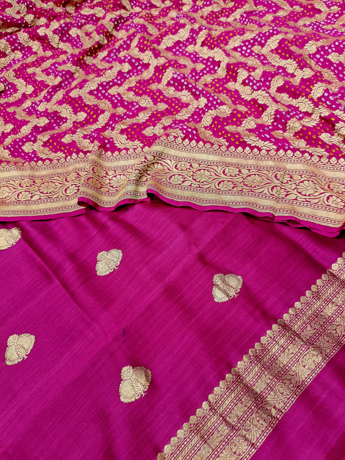 Rani Purple Shade Handwoven Chiniya Silk Suit With Bandhani Dupatta