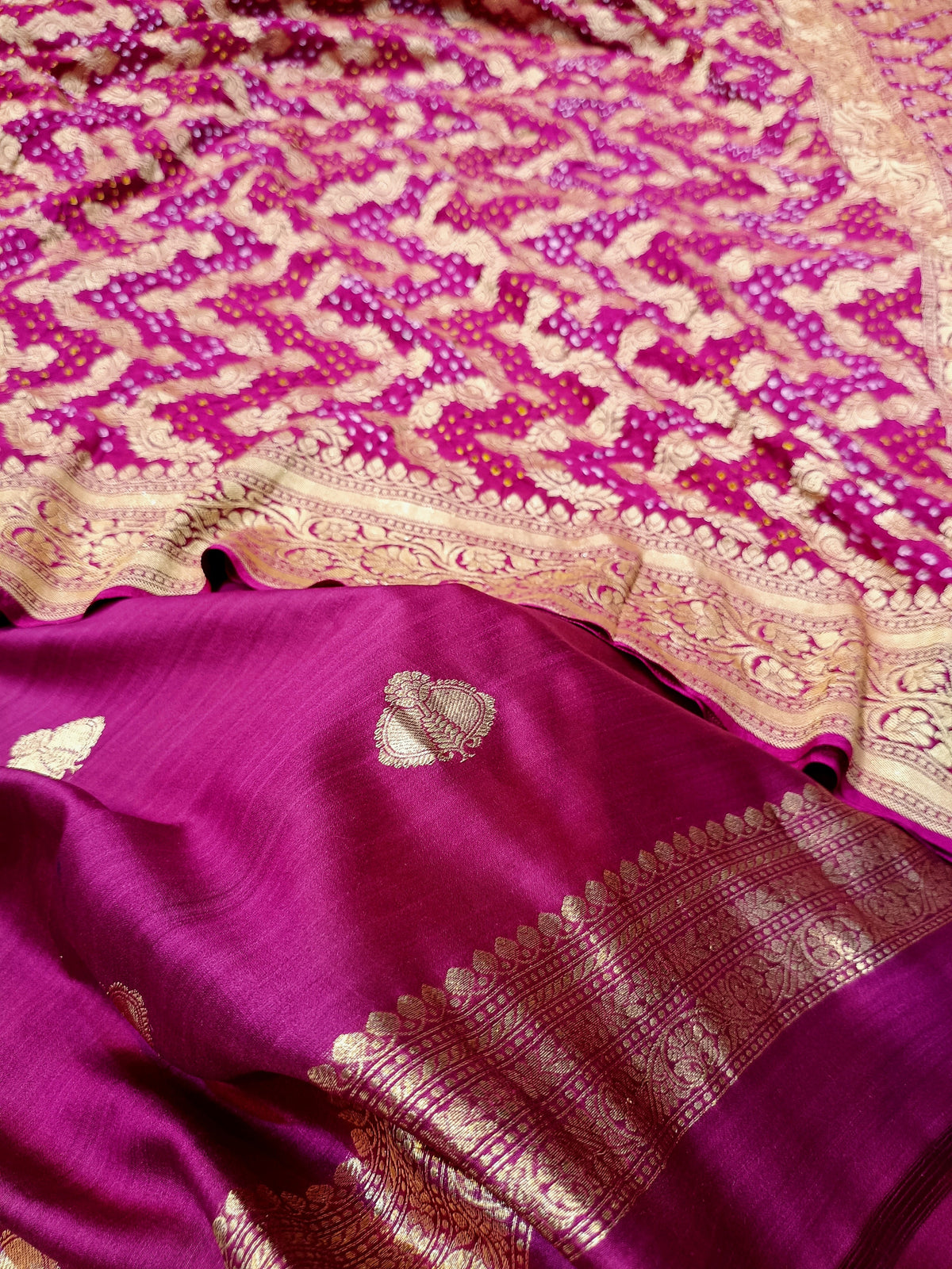 Rani Purple Shade Handwoven Chiniya Silk Suit With Bandhani Dupatta